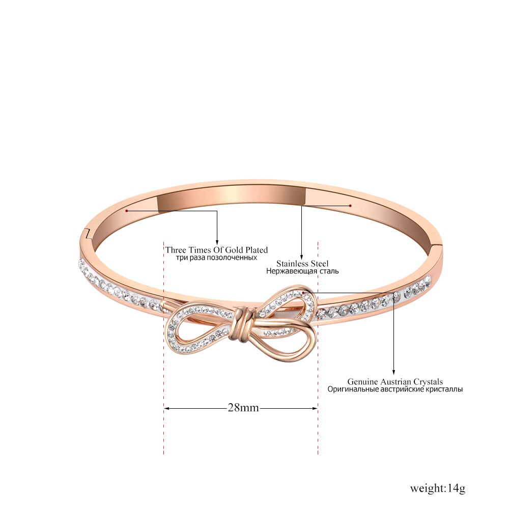 Lokaer Trendy Bowknot Mosaic Rhinestone Bangles & Bracelet Jewelry Rose Gold Color Stainless Steel Wedding Bangle B19093