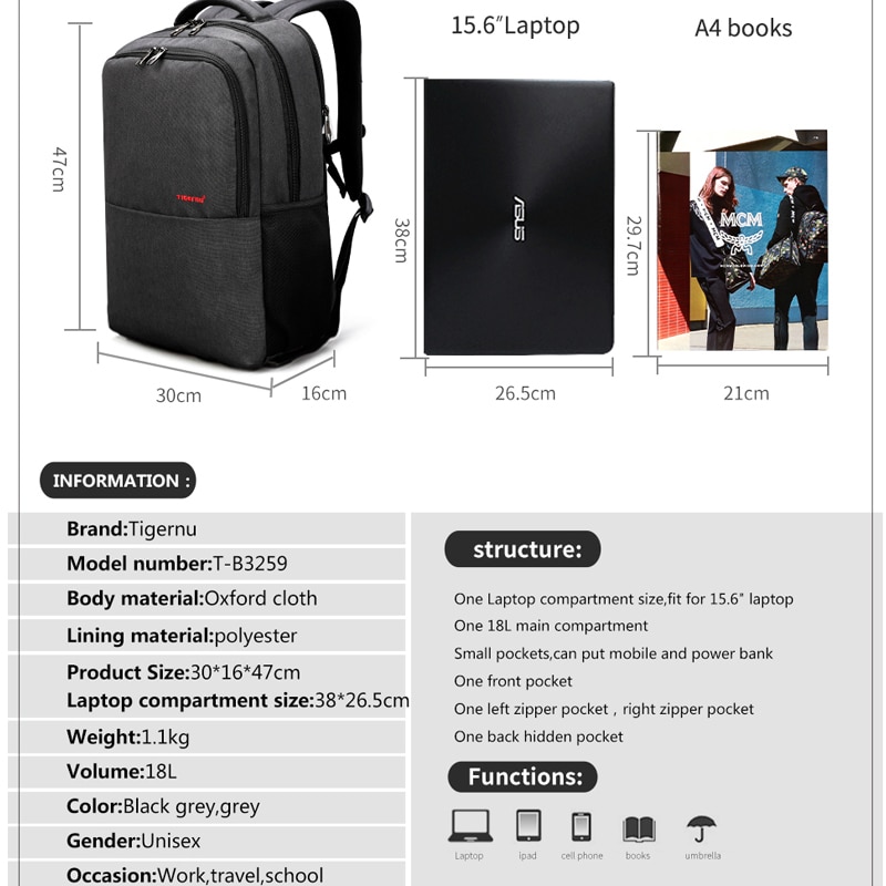 Tigernu-mochila informal antirrobo para ordenador portátil de 15,6 pulgadas, morral escolar delgado para hombre, morral de viaje para adolescentes