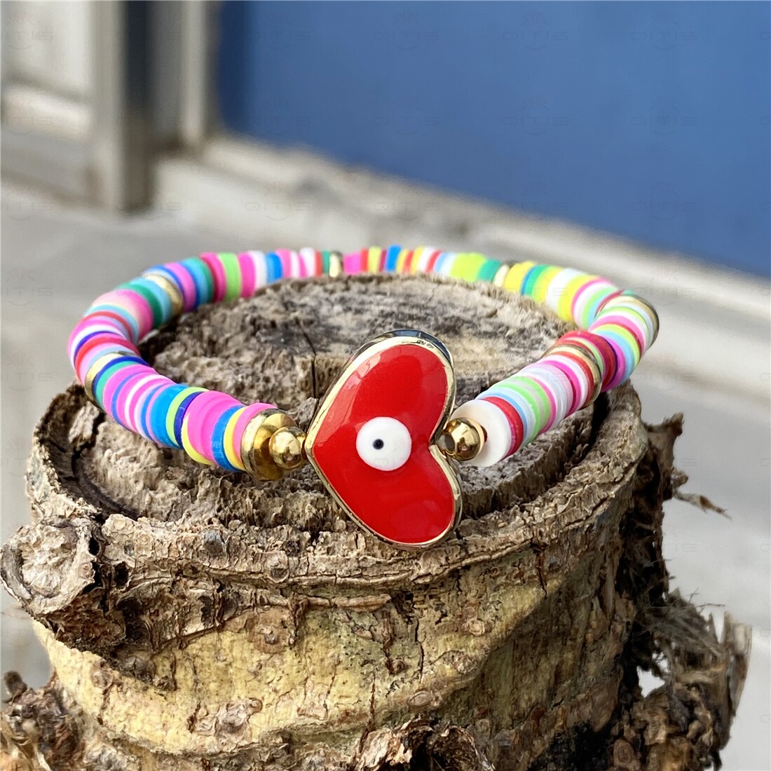 Boho boze oog armband polymeer klei afrikaanse armbanden meisje heishi schijf kralen ojo turco vrouwen koppels armband: Rood / 17cm