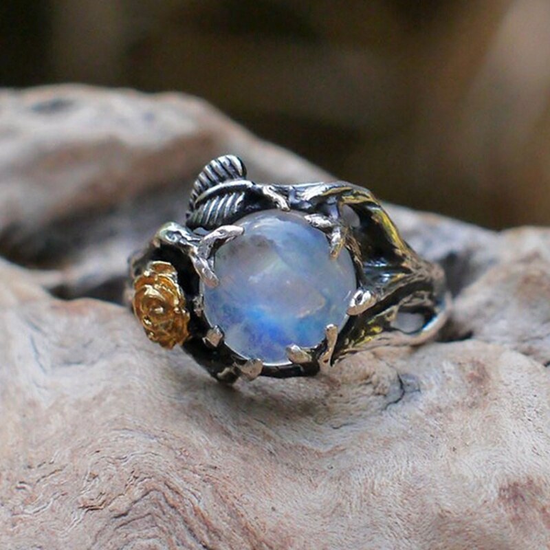 Bague Vintage en pierre de lune pour femme noire, bijoux en or, fleur, charmant, de mariage