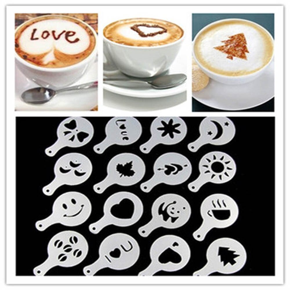 16pcs Koffie Stencil Filter Koffiezetapparaat Cappuccino Koffie Barista Mold Templates Strooi Bloemen Pad Spray Art Koffie Gereedschap