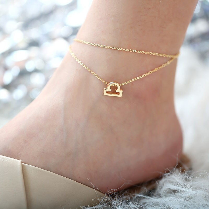 Trendy strandvoetenarmband sieraden van dubbellaags vergulde ketting met dierenriem enkelbandjes voor dames met bedels: Weegschaal