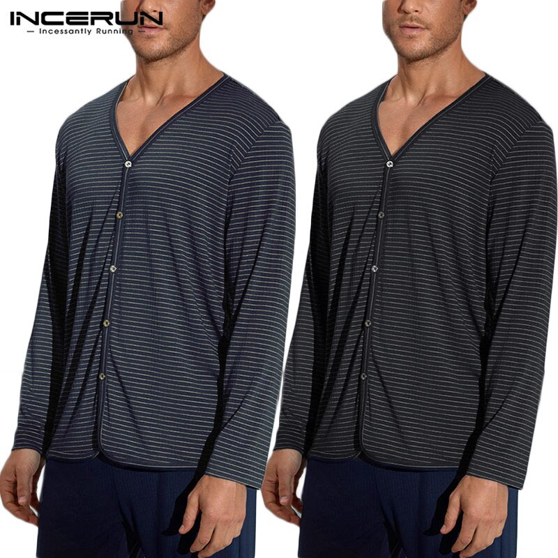 Black/Navy Men's Long Sleeve Shirt Button Down V-Neck Striped Casual Blouse Tops