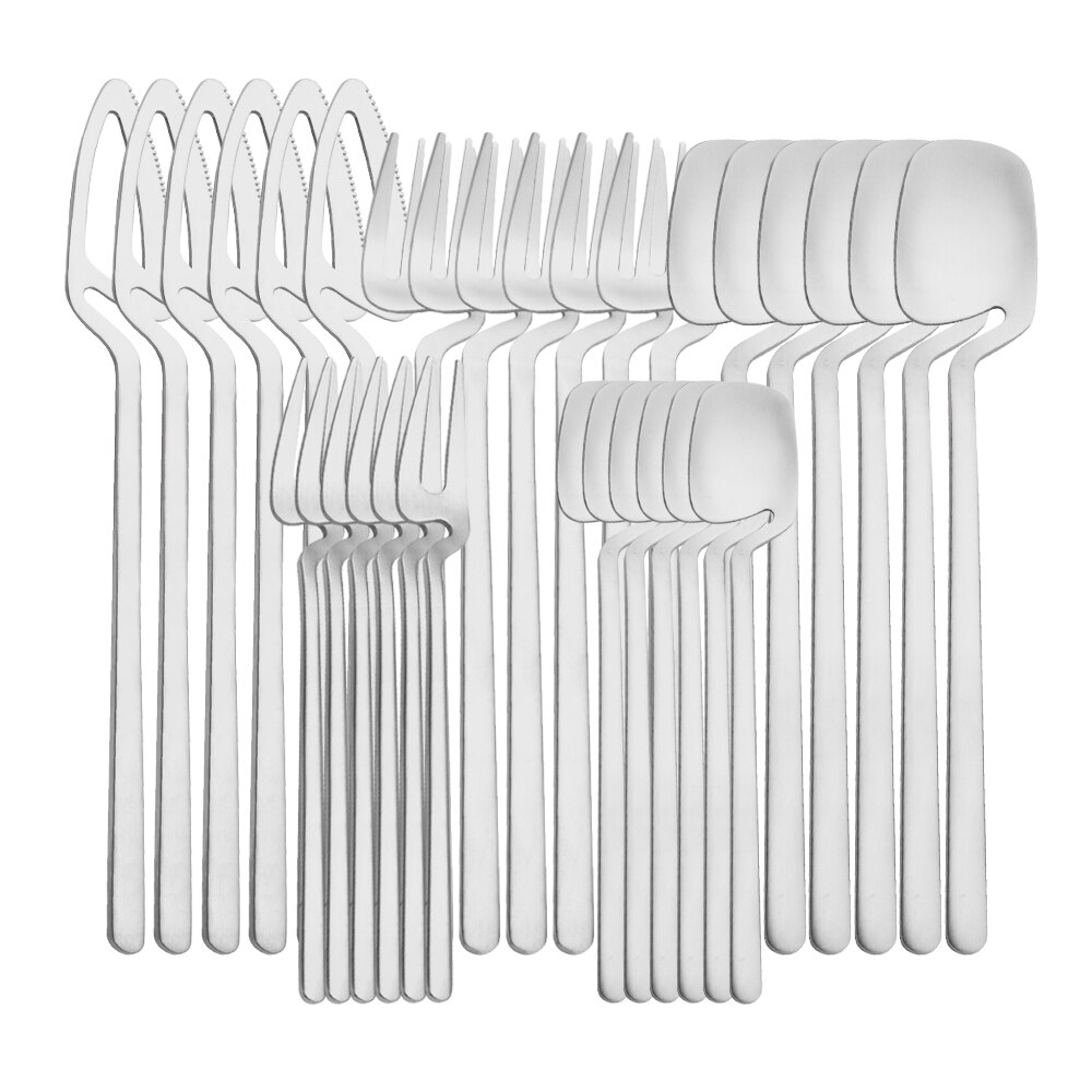 30Pcs Flatware Kitchen Cutlery Set Mat Black Dinnerware Set Knife Spoon Cake Fruit Fork 18/10 Stainless Steel Party Tableware: Silver
