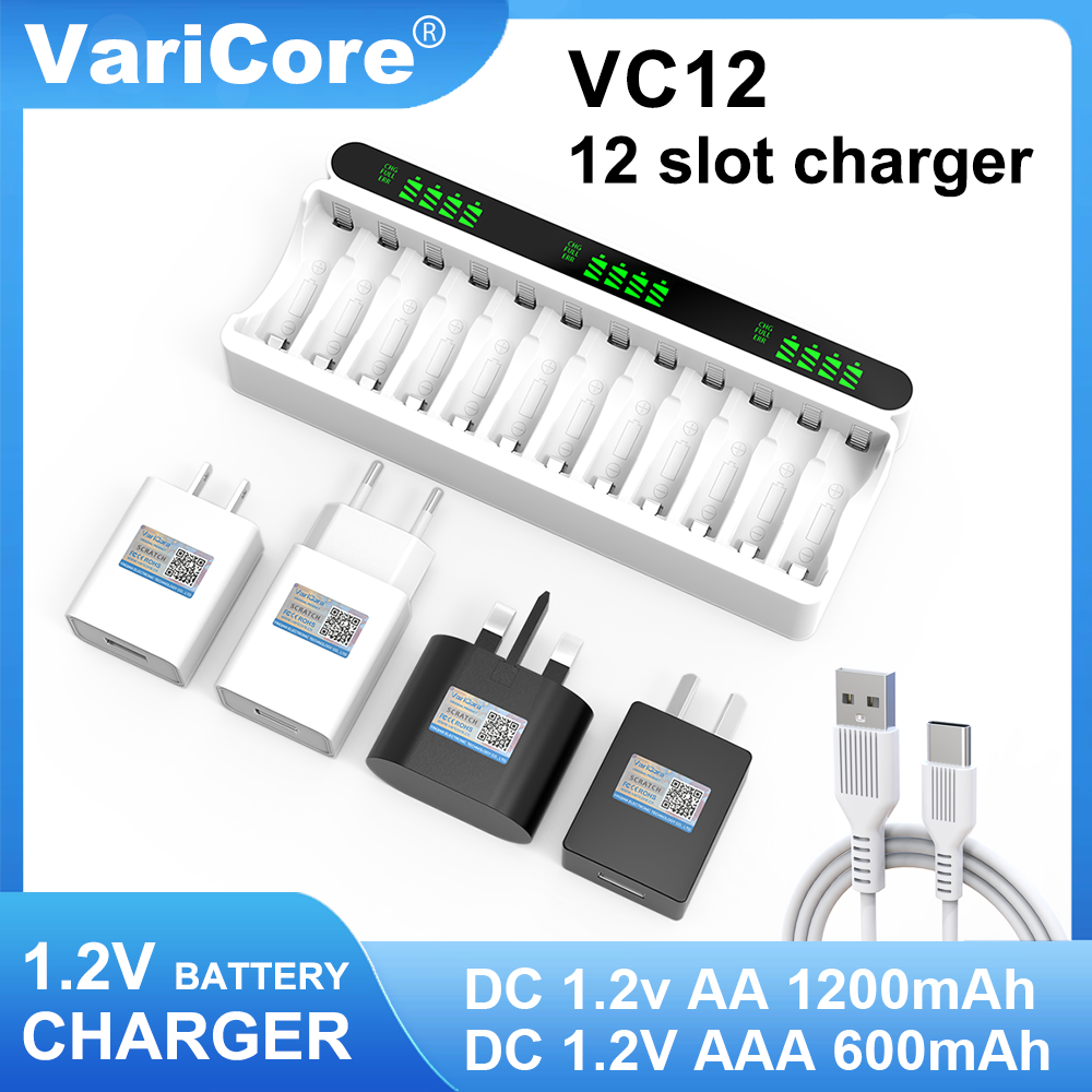 VariCore Neues intelligentes 12-Slot-Ladegerät VC12 Typ C speziell für 1,2 V AA/AAA Ni-MH/Ni-CD-Akku