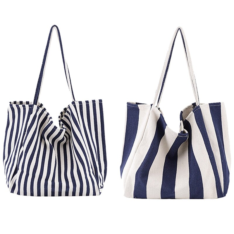 Women'S Striped Canvas Handbag Summer Beach Classical Fabric Soft Large Handbag Female Casual Bag Thin Strip Blue