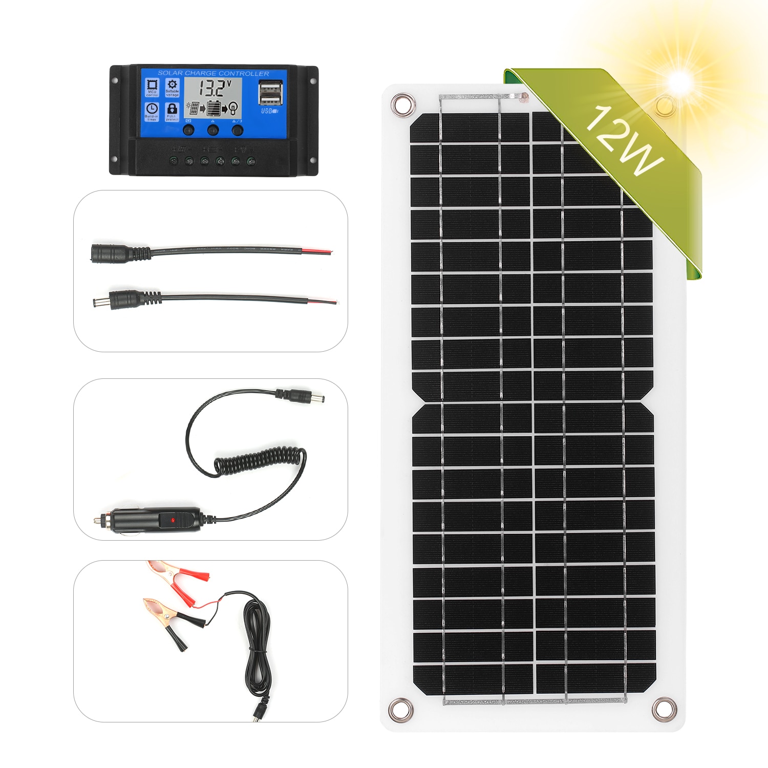 120w 12v ip65 solpanelsæt med opladningscontroller usb-port fra gittermonokrystallinsk modul med sae-tilslutningskabelsæt: Multi