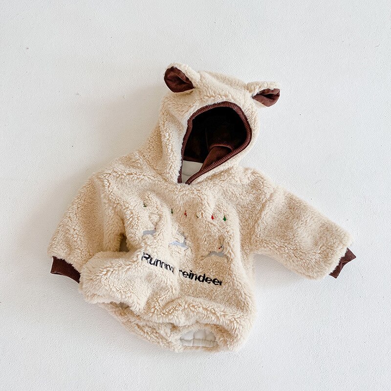 Baby Bodysuit - Plush Deer Embroidered - Long Sleeve - Double Layer Thickening Warm - Unisex: 6M