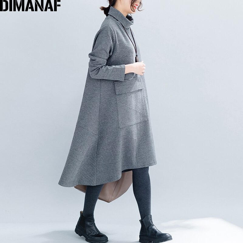 Dimanaf kvinner kjoler store størrelser vinter tykk bomull kvinnelige løse klær casual dame vestidos turtleneck stripete lommer kjole