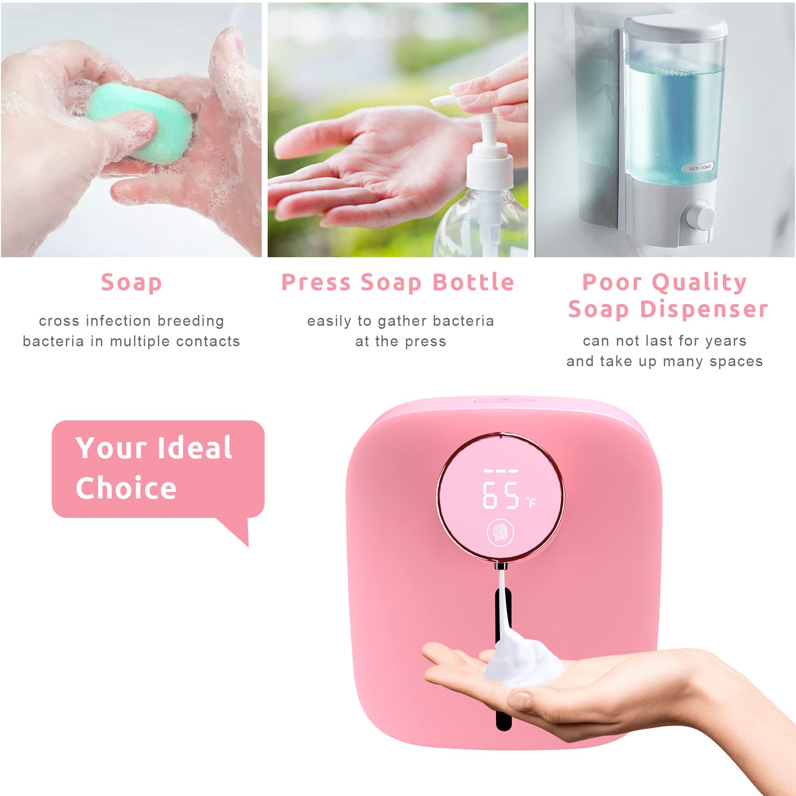 Automatic Soap Dispenser Iorbur Wall Mounted Foaming Soap Dispenser 320ml Rechargeable Waterproof Hand Sanitizer Dispenser Pink