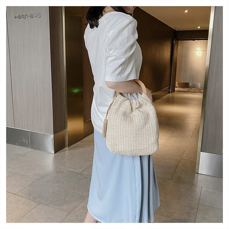 #39 dameshandtas zomer stro strandtas bohemian dames netvak holle ronde handgreep tote met hout