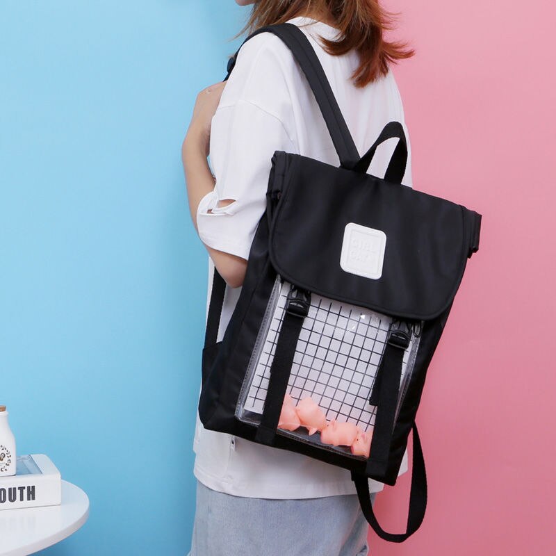 Alta escola sacos adolescente menina volta pacote coreano na moda sacos de escola rosa feminino mochila moda sacos de escola com brinquedo pato piggy: Black