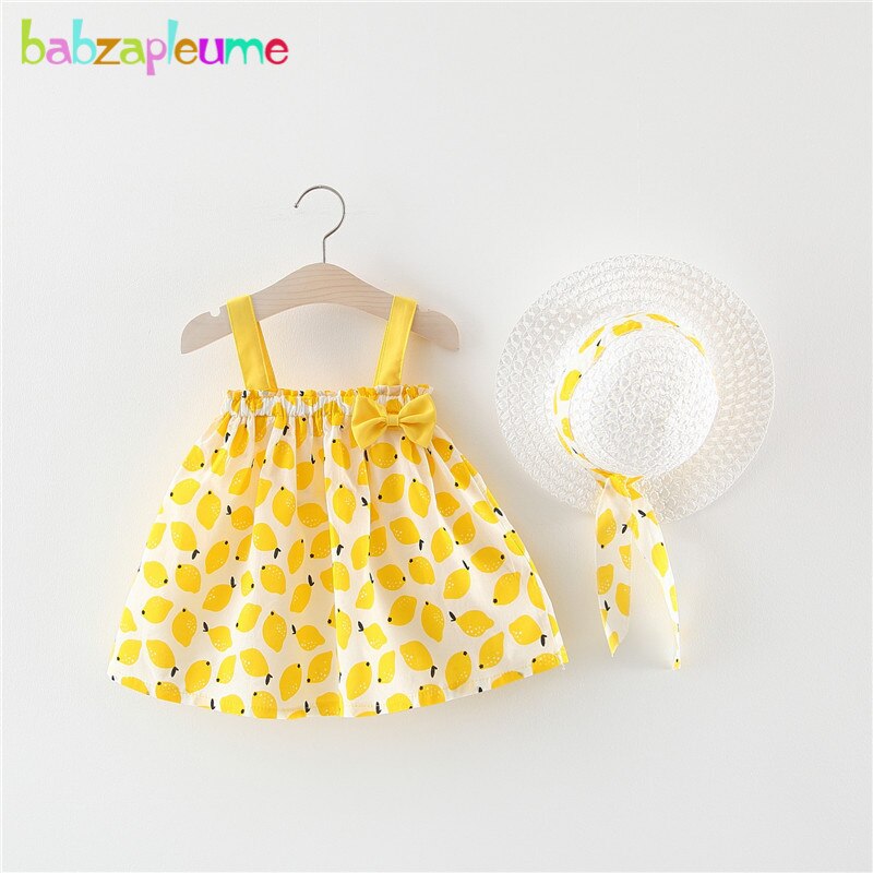 2 pezzi Set di Estate Dei Capretti Attrezzature Del Bambino Del Bambino Vestiti Delle Ragazze Del Fumetto Sveglio Limone Senza Maniche In Cotone del Vestito Della Principessa + Cappello Vestiti Del Bambino BC1204
