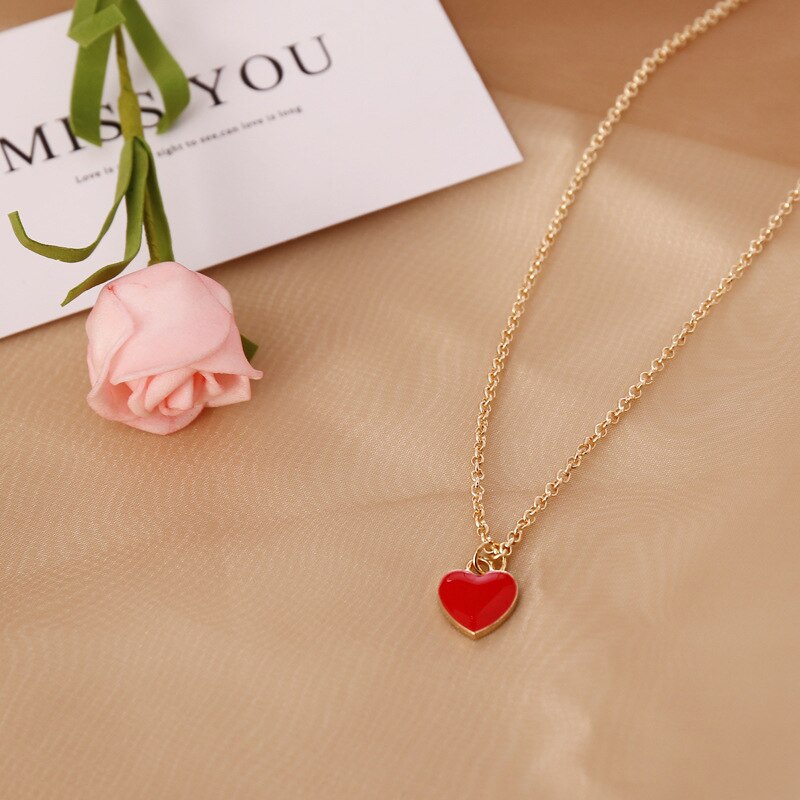 Red Pink Blue Heart-shaped Pendant Necklace Women's Wedding Clavicle Chain Jewelry Romantic Valentine's