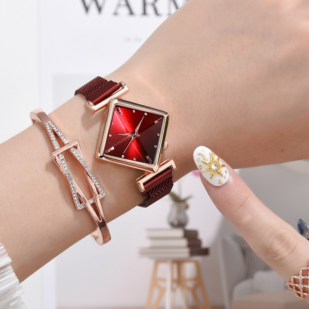Conjunto de relojes de pulsera magnéticos para mujer, pulsera cuadrada de lujo de cuarzo, reloj de vestir femenino,