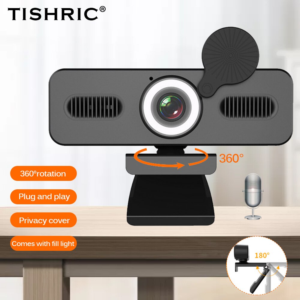 TISHRIC Webcam 4K C360 Full HD 8 megapixel Web Camera with Microphone USB Web Cam PC Computer Camera with Bracket Fill Light