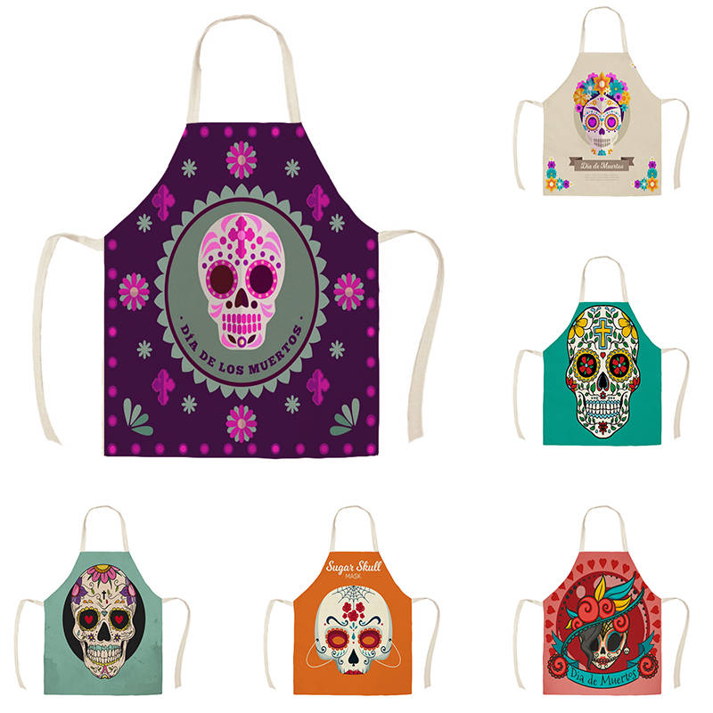 Women Kitchen Apron Cotton Linen Halloween Skull Sleeveless Chef Cooking Aprons Kitchen accessories WQ1698