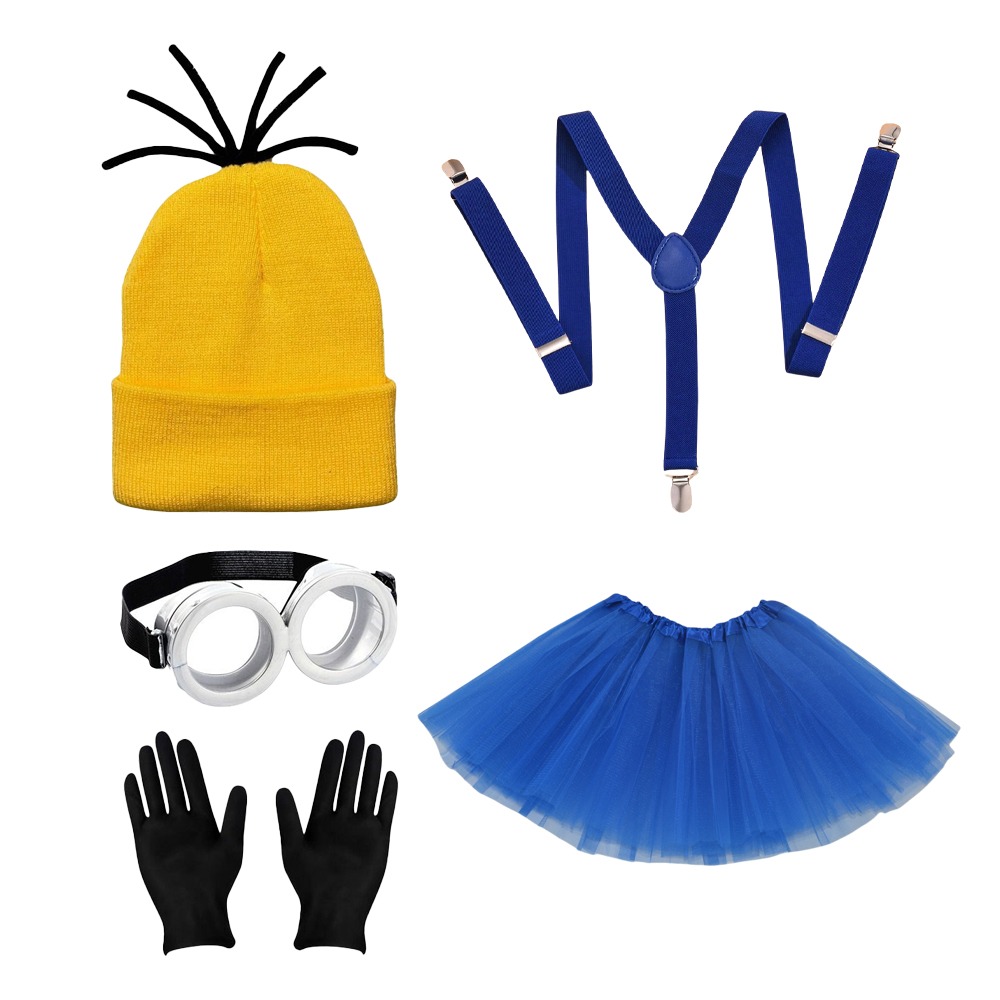 Accesorios de disfraz de Halloween para hombres y mujeres, conjunto de Minions para de Cosplay, gorros amarillos, vestido azul, guantes negros para adultos, 3 piezas/5 piezas: Negro