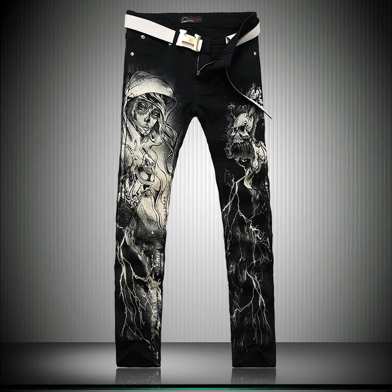Men`s Printed Jeans Punk Style Gothic Painted Cotton Straight Leg Cool Jeans for Young Men: Black / 29