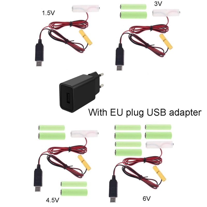 2in1 EU Plug USB Power Adapter Mains Convert to AA + AAA Battery Eliminator Cable Replace 1 to 4pcs 1.5V AA AAA Battery