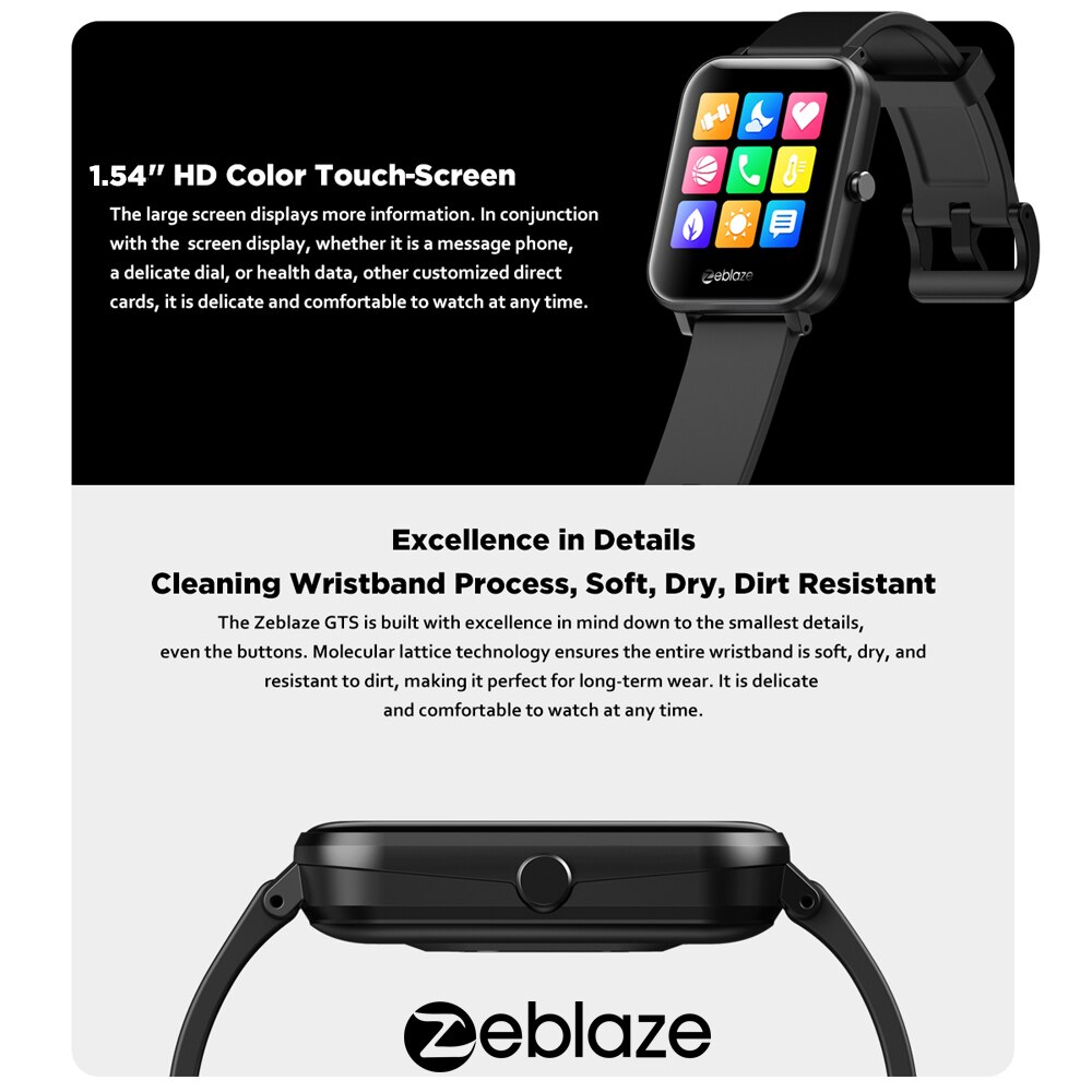 Zeblaze GTS Smart Watch Bluetooth Receive/Call IP67 Waterproof 1.54 inch IPS Screen Sleep Tracking Sports Smartwatch Men Women