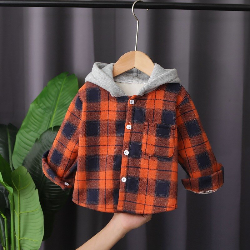 Kinderen Jassen Kinderkleding Jongens Plus Fluwelen Winter Enkele Stuk Plaid Shirt Lange Mouwen Capuchon kinderen