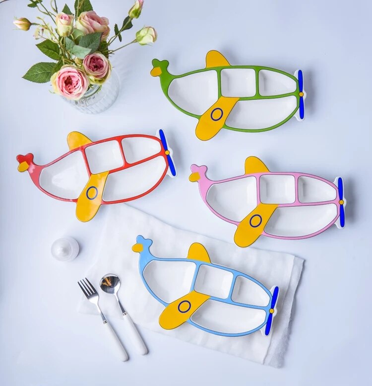 Assiette Céramique Compartimentée Pour Enfants Motif Avion - 24x18 Cm - Réutilisable, Lavable - Stimule L'appétit - 3