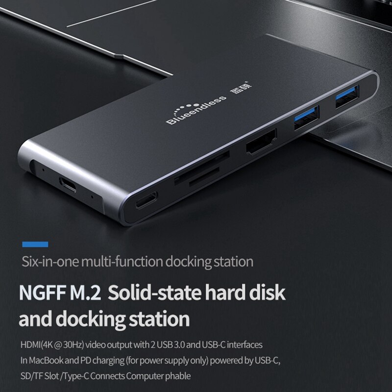 Blueendless M.2 SSD Enclosure SATA NGFF to USB Type C Adapter with 4K HDMI, 2 USB3.0, SD/TF Card Reader, 60W PD 3.0 Port HUB