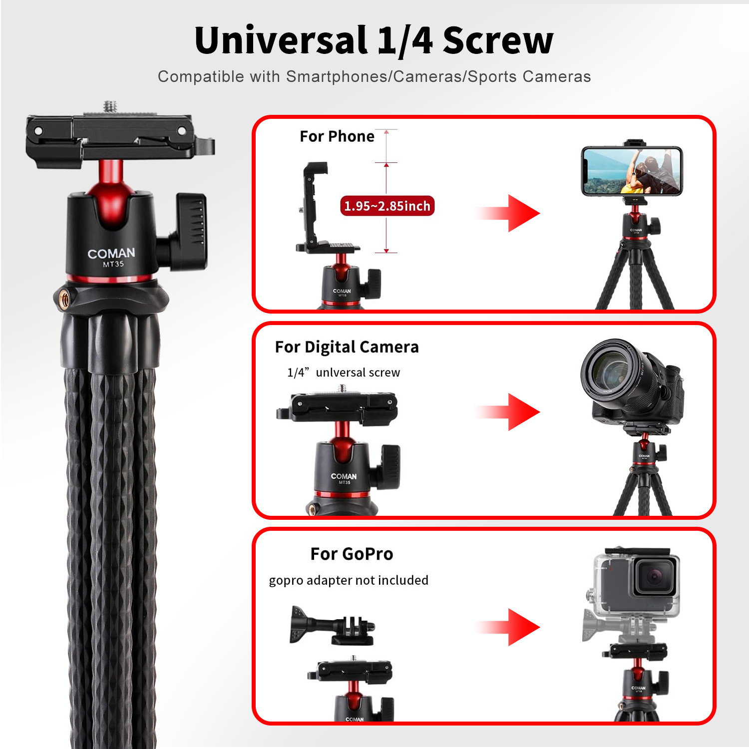 COMAN MT-35 Elastyczny statyw do aparatu Ukryty statyw do telefonu z uchwytem na zimną stopkę Statyw do smartfona DSLR do iPhone'a 15 Pro Max Samsung