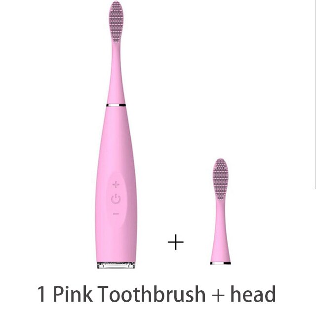 Cepillo de dientes eléctrico sónico de silicona, cepillo de dientes eléctrico de cerdas suaves, impermeable, Limpieza Profunda, cabezal de cepillo de grado alimenticio,: Pink with head