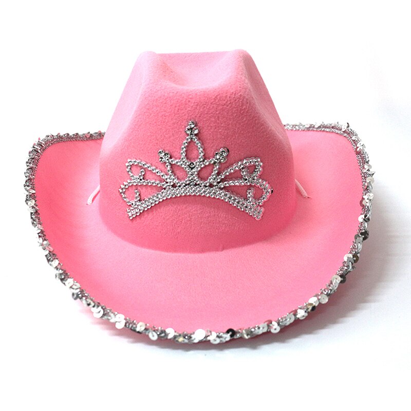 Sombrero vaquero rosado de estilo occidental para mujer y niña, Tiara de fieltro, gorro de princesa de Rodeo, gorra de vaquera para , accesorios de disfraz