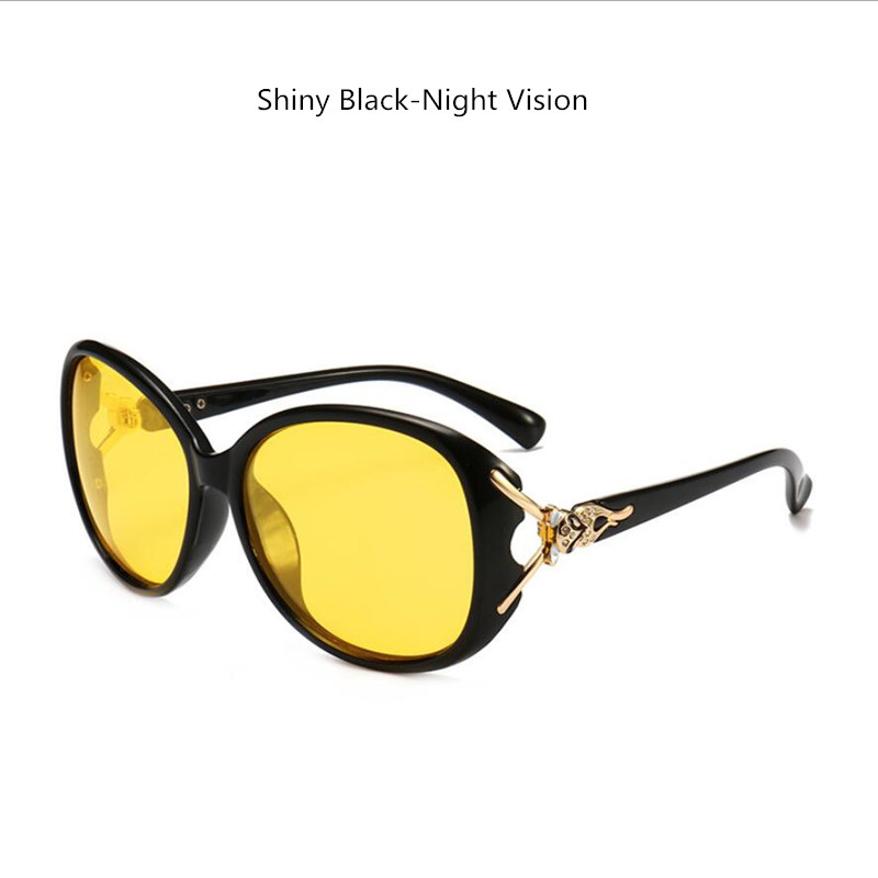 Women Polarized Night Vision Driving Glasses , Black Oval Oversize Sunglasses With Diamonds Goggles Driver Yellow UV400 N8842: Shiny Black