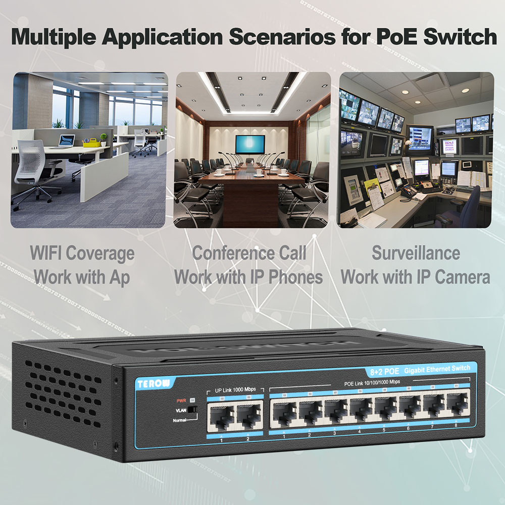TEROW POE Switch 8 Ports Gigabit Swich POE 1000Mbps Ethernet Switch 10ports Network Splitter RJ45 Hub For Wifi Router IP Camera