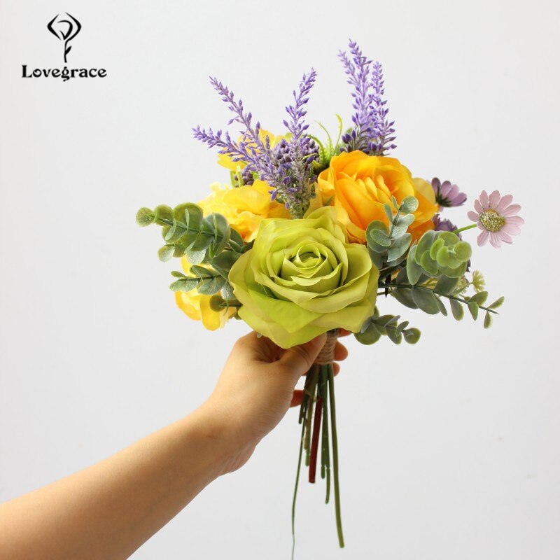 Lovegrace bröllopsbukett brudbukett konstgjord siden ros blomma pion orkidé hortensia lavendel daisy gul bröllop leverans
