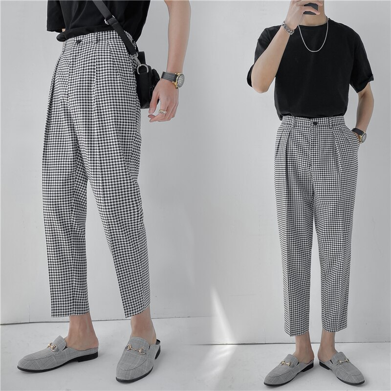 Pantalones de traje de pata de gallo para hombre, pantalón corto informal de estilo británico, cintura elástica, a la , para Social, Classique