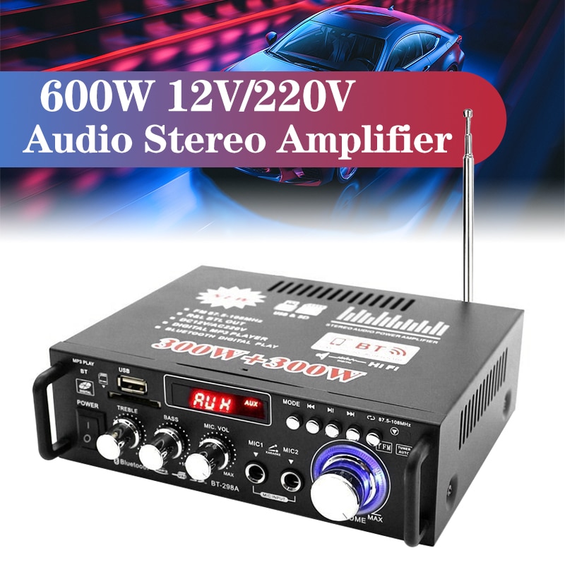 300W+300W 12V/220V Home Theater Car Amplif Car Bluetooth Power Amplifier System Sound Audio Stereo Receiver MP3 Player Subwoofer
