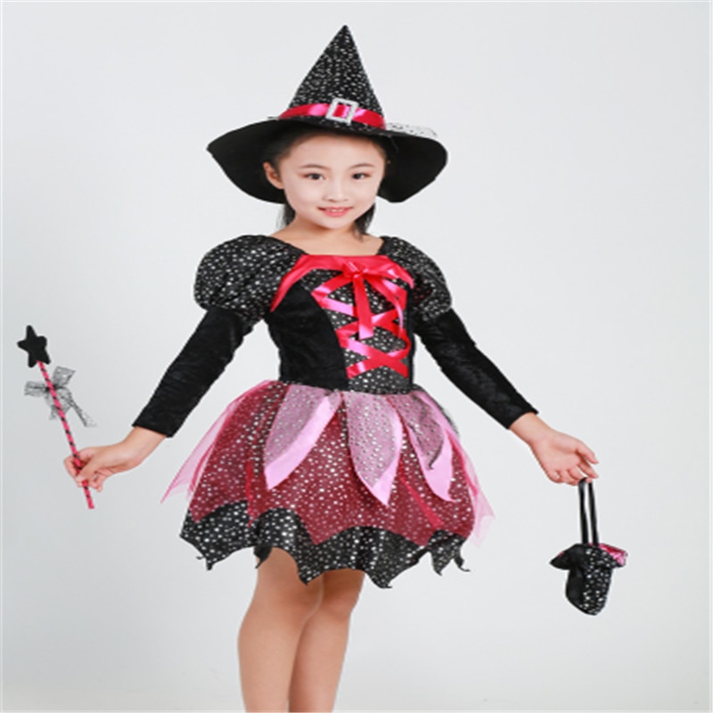Halloween girl dress up sparkling witch skirt magic hat star magic stick candy bag four-piece carnival cosplay dress: 140cm