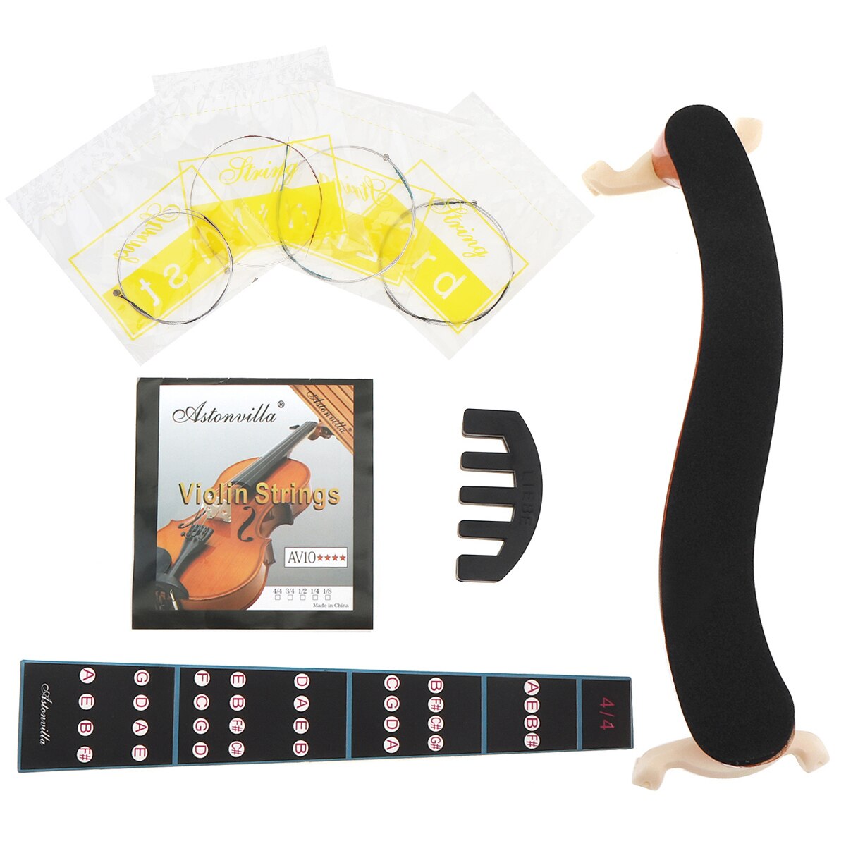 3/4 & 4/4 Durable Violin Accessories kit with Shoulder Rest Fingerboard Sticker Strings and Mute