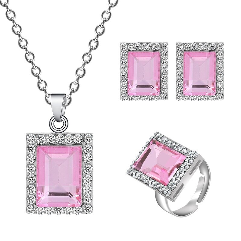 MINHIN lujo nupcial Juegos de joyas para mujer encantos cristal geométrico colgante 3 uds conjuntos de boda: 1439 pink