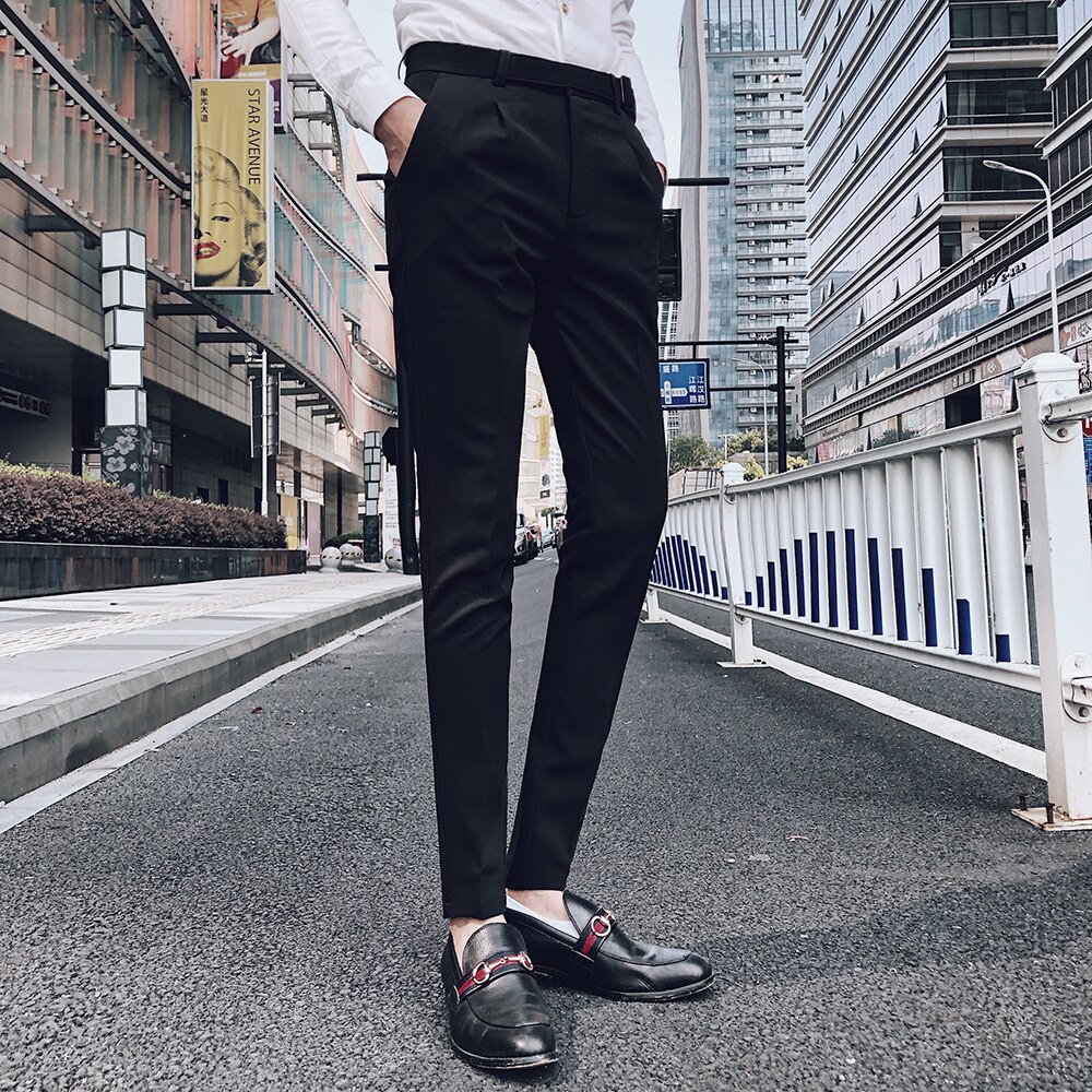 Byxor herr brun slim fit kostym byxor herr kostym byxor pantalon homme dräkt manlig högkvalitativ solid: Dk1837 svarta / 29