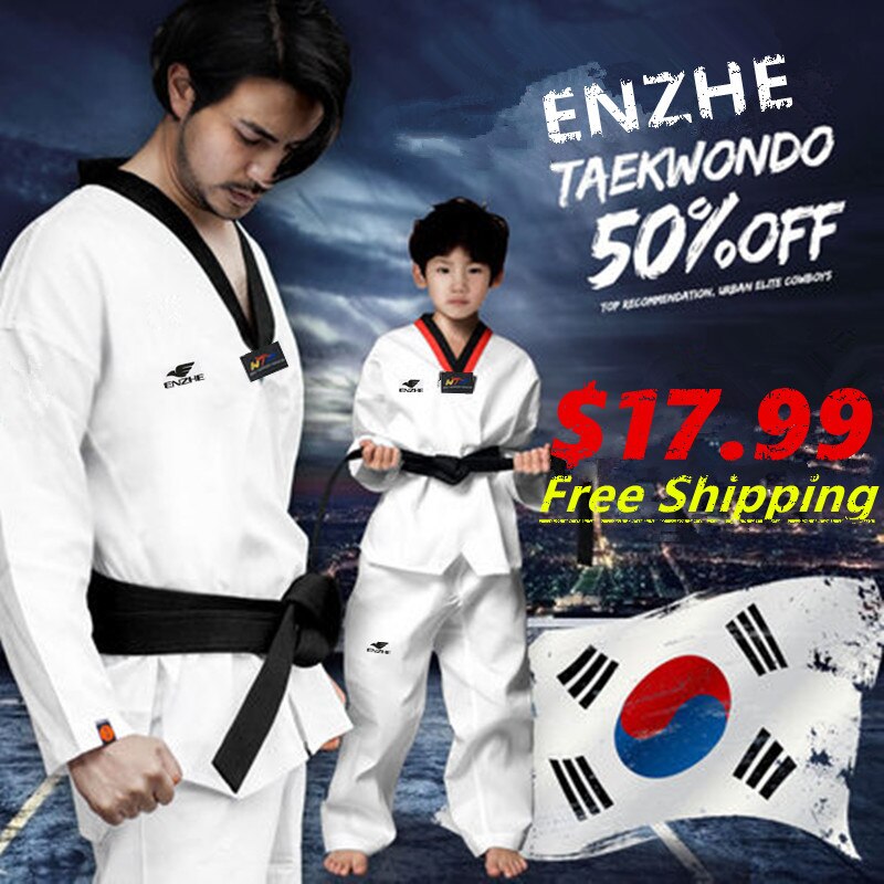 Taekwondo dobok uniforme 100% coton, gymnastique pour adultes et enfants, uniforme confortable, de karaté, dobok WTF approuvé TKD, bon tissu