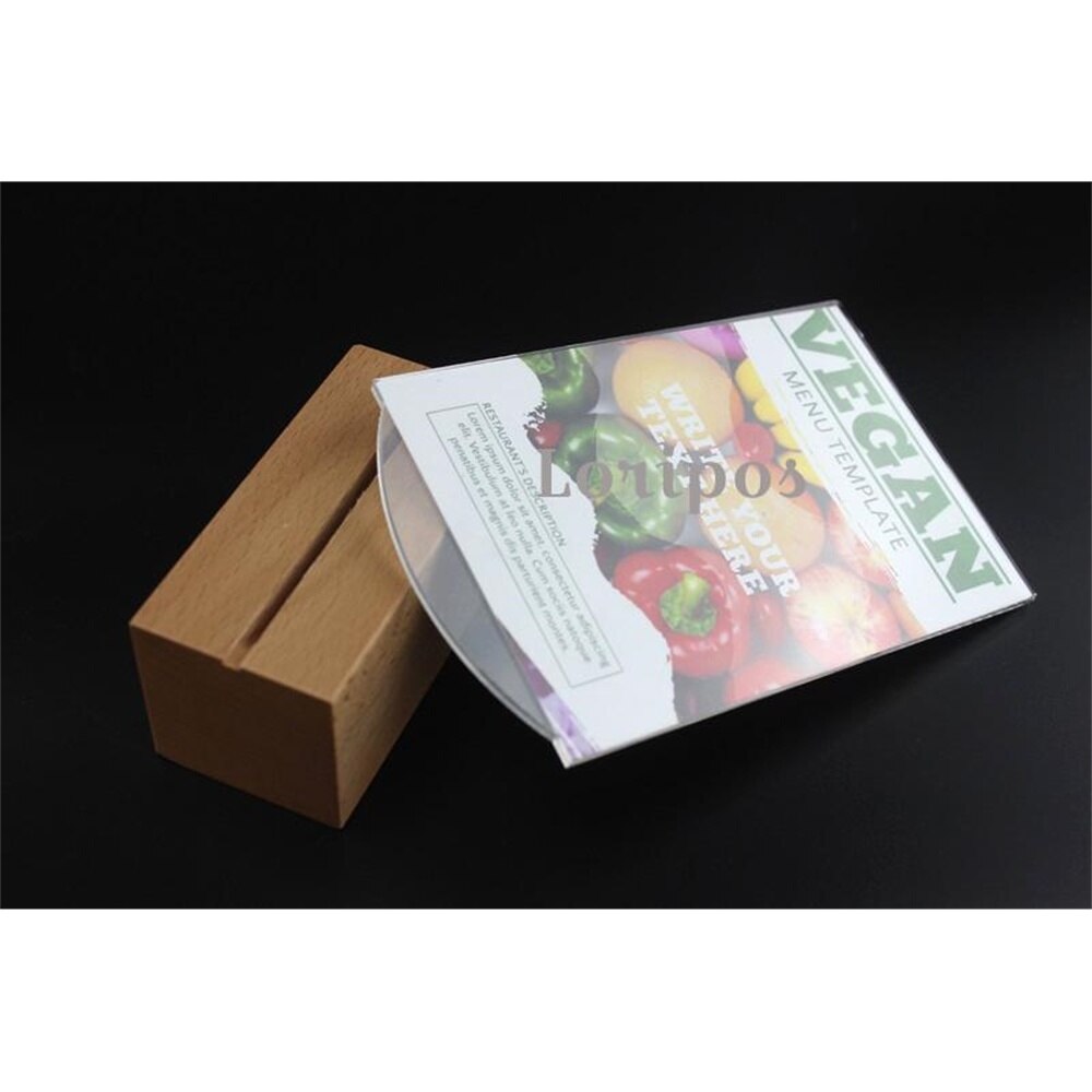 A6 Unique Easy Reused Acrylic Clear Price Tag Menu Display Table Top Desk Sign Label Holder Thick Wood Base