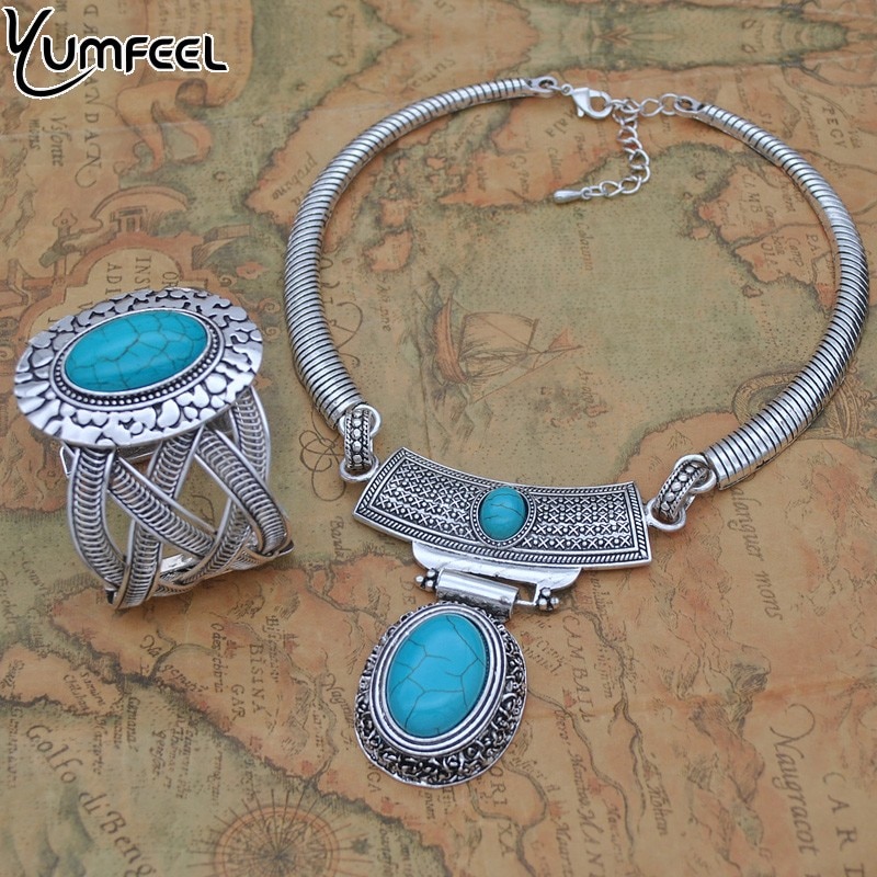 Yumfeel Tibetaans Zilver Met Synthetische Steen Armbanden Armbanden Vintage Sieraden Voor Vrouwen