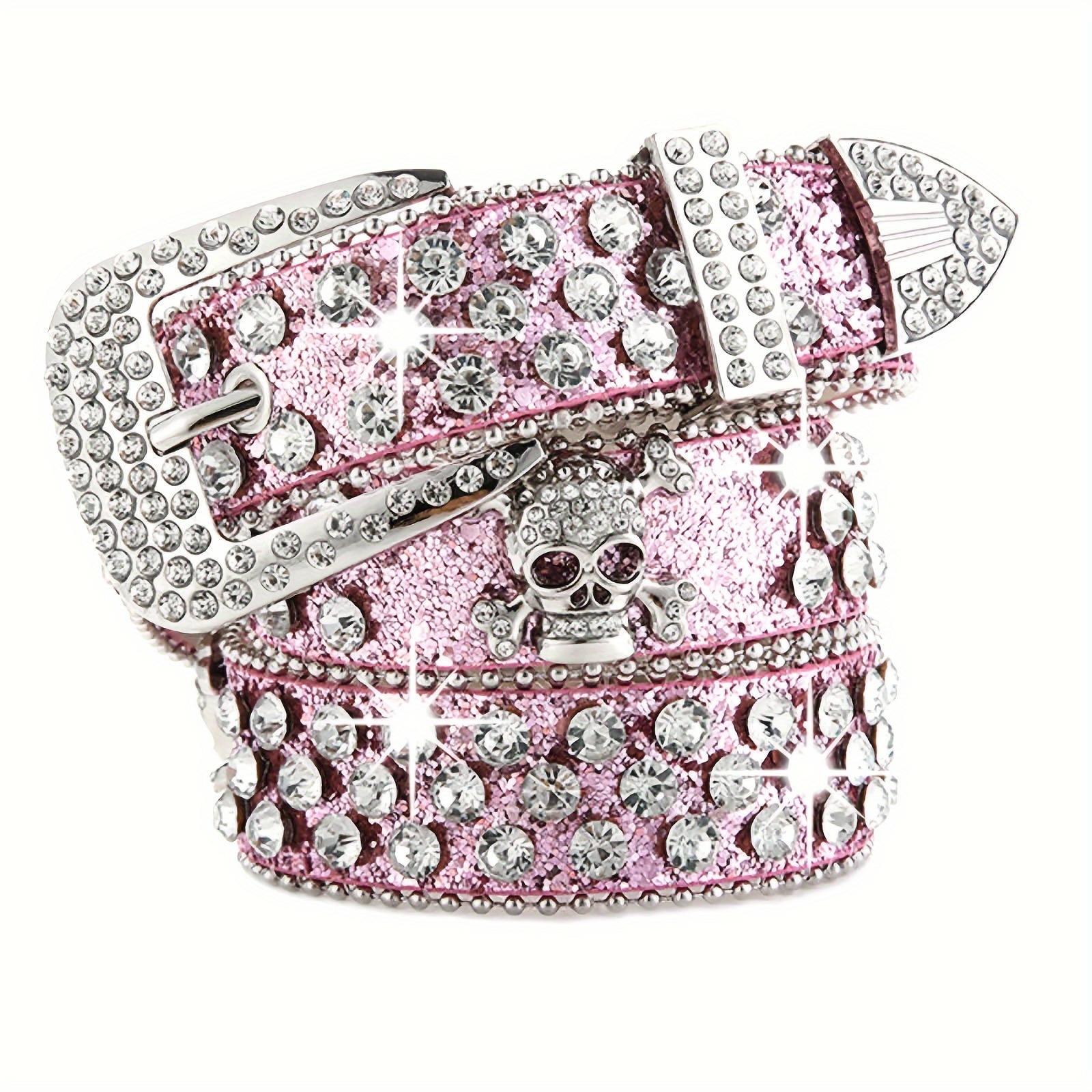 Skull Rivet Rhinestone Bb Belts Trendy Solid Color Sparkling PU Leather Belt Cowboy Cowgirl Jeans Pants Belt For Women Girls: Pink