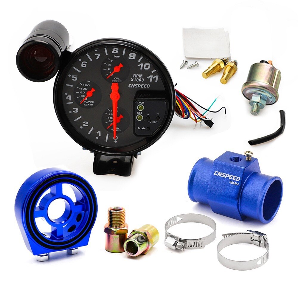 Tachymètre de voiture 5 &quot;4 en 1 avec lumière de changement de vitesse, compteur d&#39;eau, jauge de température d&#39;huile, jauge de pression d&#39;huile et capteur adaptateur: 38 mm sensor