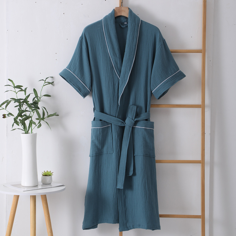 Albornoz de algodón fino para hombre y mujer, camisón de manga corta de gasa de doble capa, absorbente y de secado rápido, para verano: L / Azul