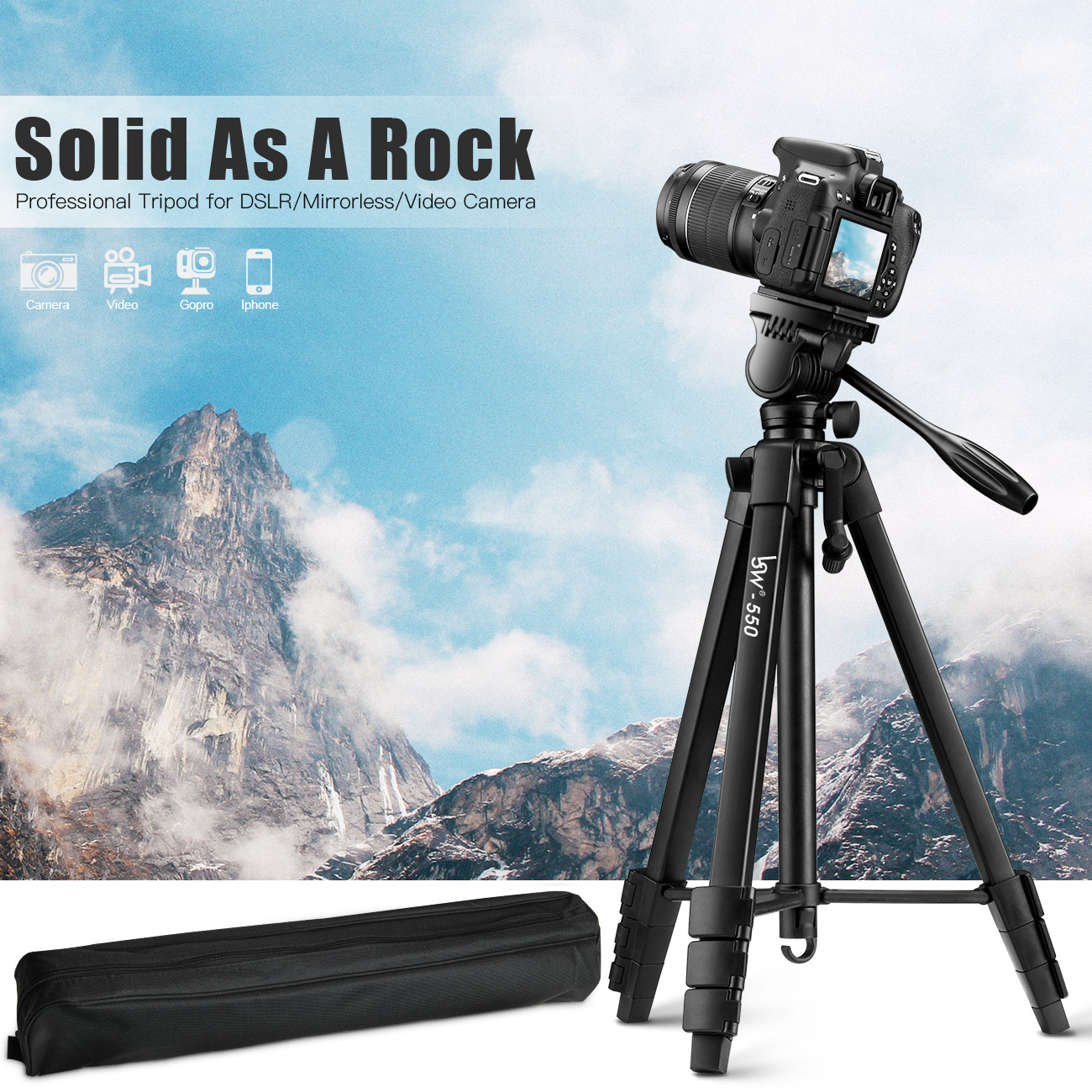Camera Tripod 150cm/60-Inch for DSLR with Phone Holder &amp; Remote/Aluminium Fluid Head Video Selfie Photography Telescope Tripod