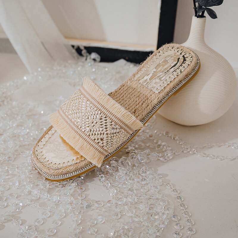 Straw woven slippers outer wear flat bottom sandals