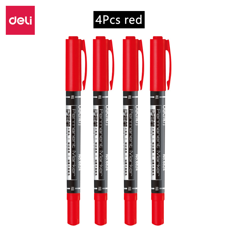 4/6/9pcs Deli Double Headed Permanent Marker Pen Set Fine Point Waterproof CD Marker Thin Nib Crude Nib 0.5mm-2mm Fine Color: Red