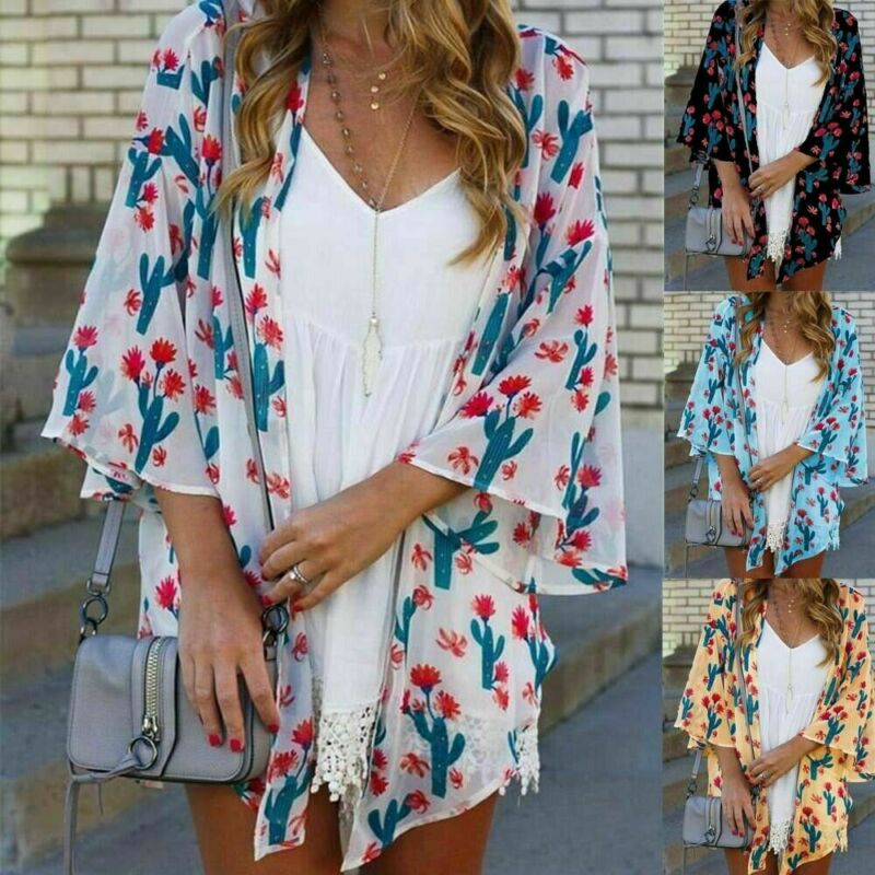 Zomer Vrouwen Lady Boho Beach Cover Up Kant Bloemen Vest Kimono Chiffon Blouse